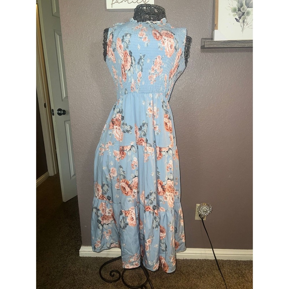 Floral Smocked Tiered Maxi Dress Light Blue Sleeveless Ruffle Neck Cottagecore